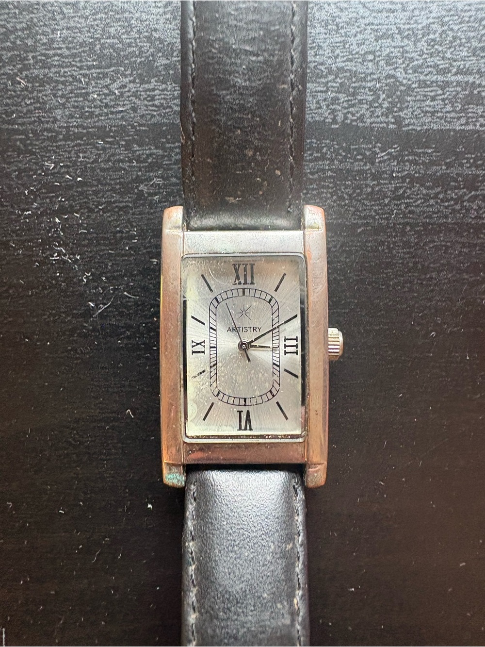 Artistry Rectangular Silver Dial Men's Watch with Black Leather Strap